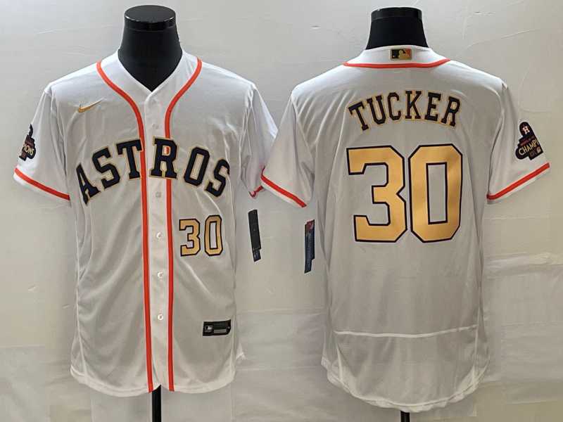 Mens Houston Astros #30 Kyle Tucker Number 2023 White Gold World Serise Champions Patch Flex Base Stitched Jerseys->houston astros->MLB Jersey